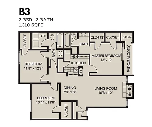 Floor plan 3 Bedroom 2 Bath (B3)