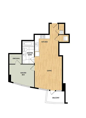 Floor plan Tower 1 Bed/1 Bath-Spruce
