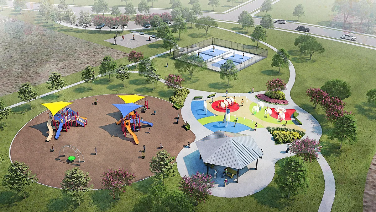 Vista West has two children's playgrounds, a splashpad, a gazebo, pickleball courts and a basketball court. - Vista West