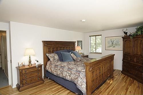 Master bedroom includes wood floors, a walk-in closet and updated master bath.