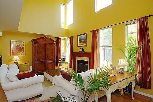Cathedral ceiling and gas log fire in living room