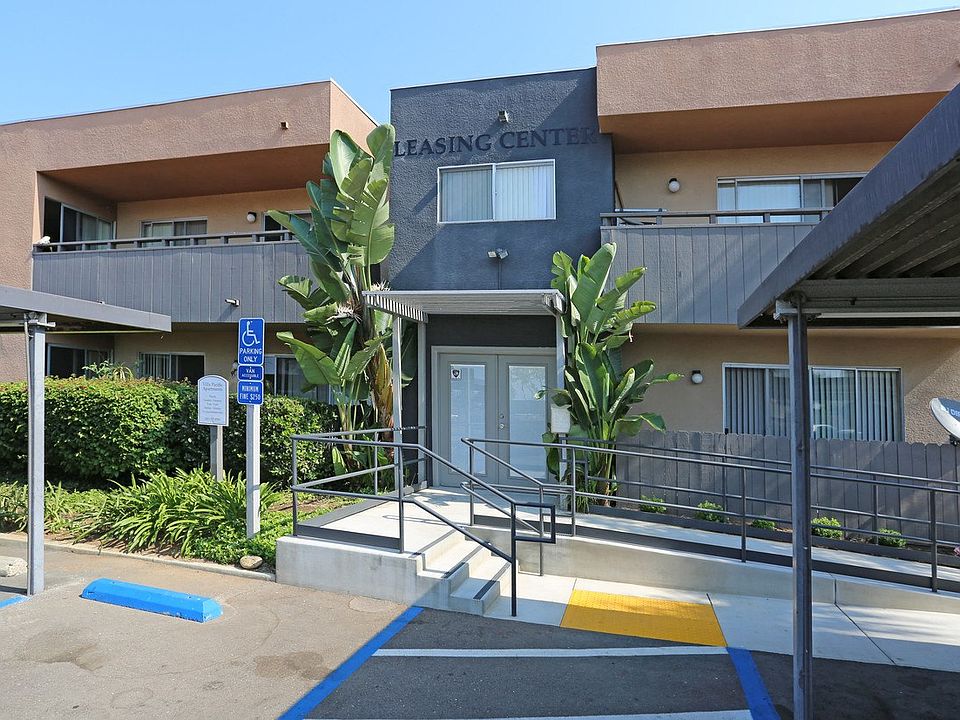 Leasing office enterance from parking lot at Villa Pacific Apartments in Oceanside, California.
