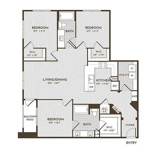 Floor plan 3BR 2BA (1388 SF)