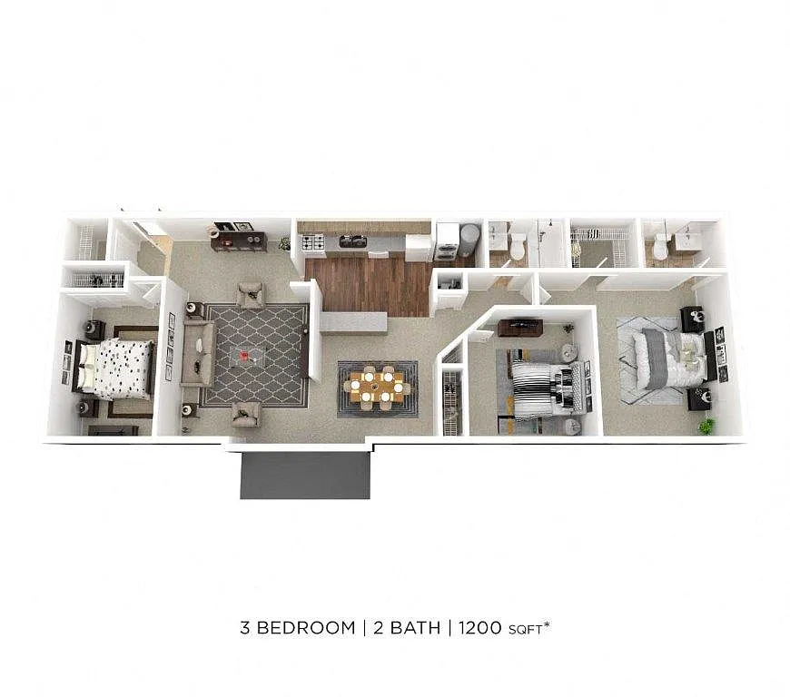 Floor plan Three Bedroom 2 Bath - 1,200 sqft