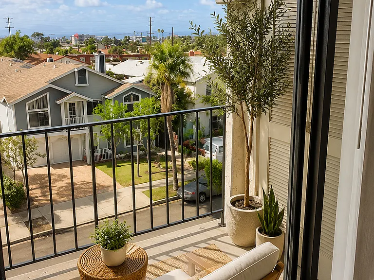 Private balcony retreat with neighborhood views, perfect for enjoying your morning coffee or unwinding at sunset.