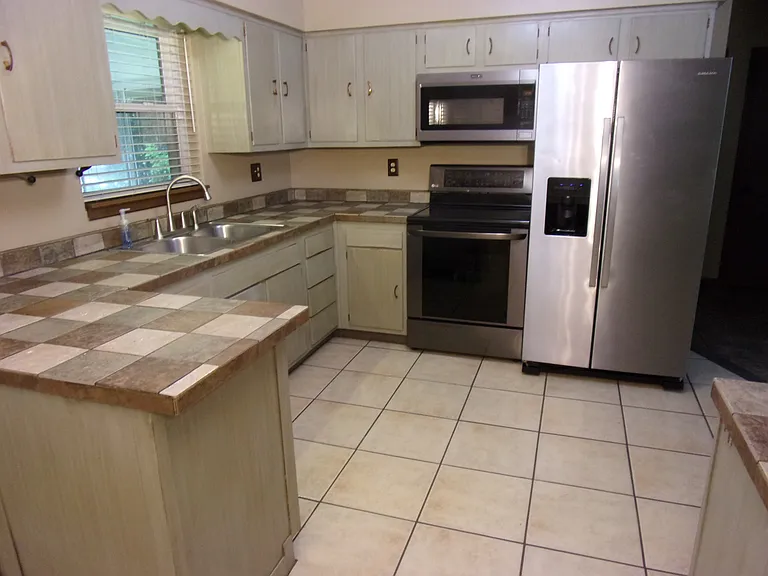 KITCHEN - STAINLESS STEEL FRIDGE; FLAT-TOP STOVE; DISHWASHER; SINK