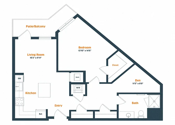 Floor plan A18.2D | 1 Bed | 1 Bath | Den