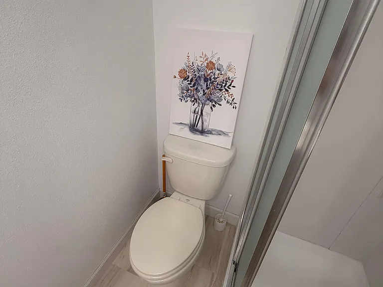 Compact bathroom with a walk-in shower, updated flooring, and a clean, efficient layout for daily routines.