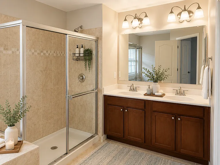 Modern primary bath with a walk in shower and soaking tub (Photos are virtually staged)