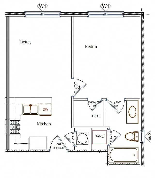 Floor plan 1 Bed 1 Bath c3
