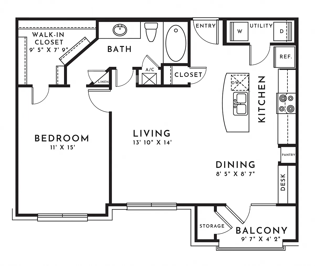 Floor plan 1BR 1BA (789 SF)