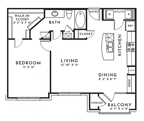 Floor plan 1BR 1BA (789 SF)