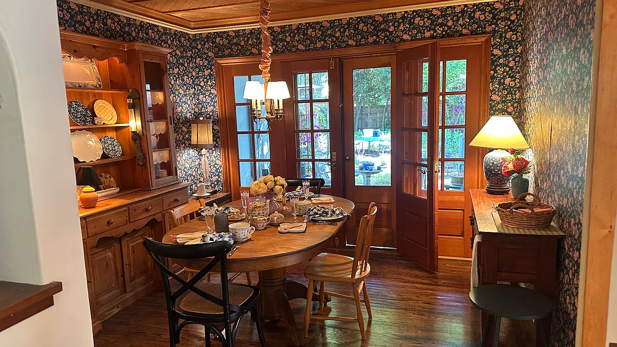 Dining room, original wallpaper, french doors to backyard - 65 Yale Rd