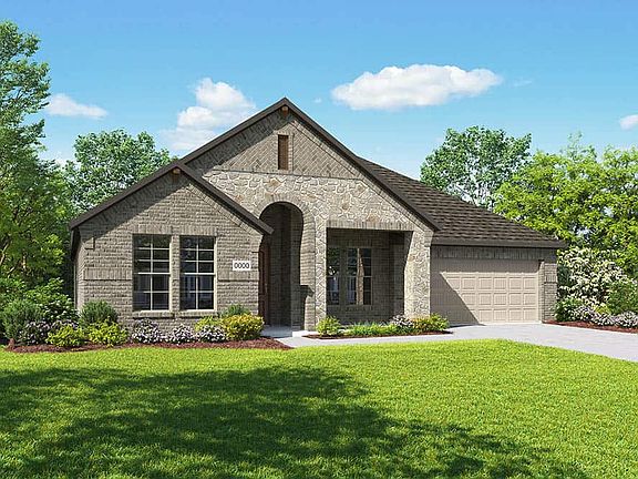 Exterior Style C is a single story brick and stone home design with an arched entry and a front porc