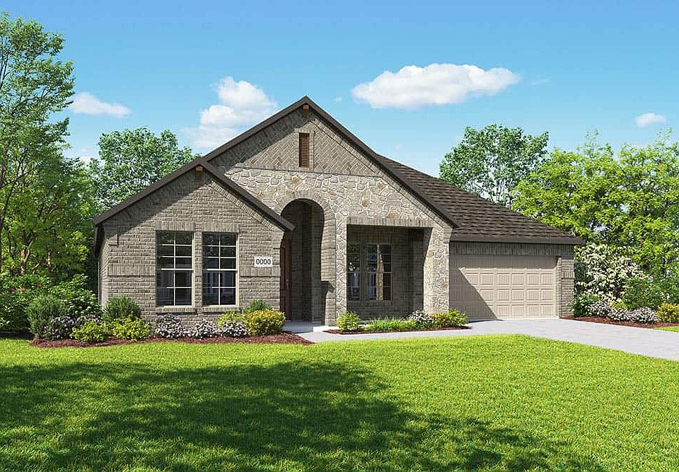 Elevation C is a single story brick and stone home design with an arched entry and a front porch. Ma