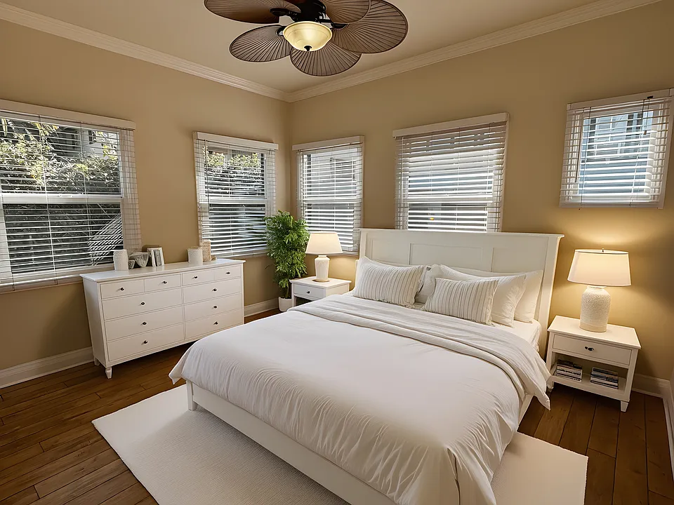 Corner main bedroom with plenty windows. lots of natural light. Ceiling fan and closet.