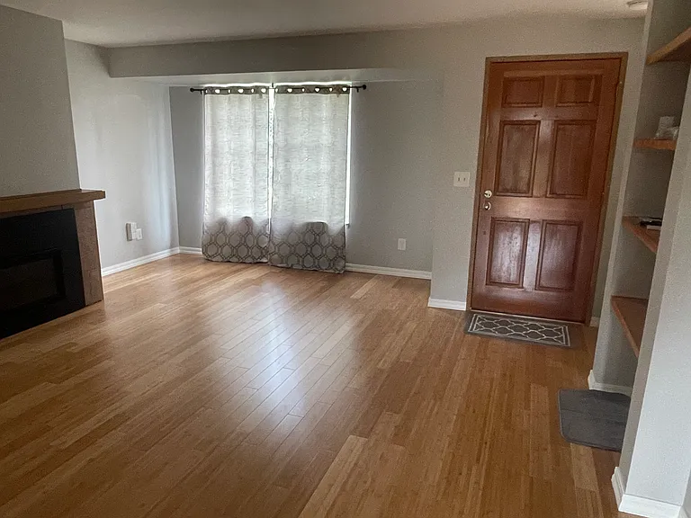 Living room, main door, window, fireplace, new bamboo floor