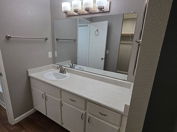 Master bath with long sink connected to the bathroom and walk-in closet.