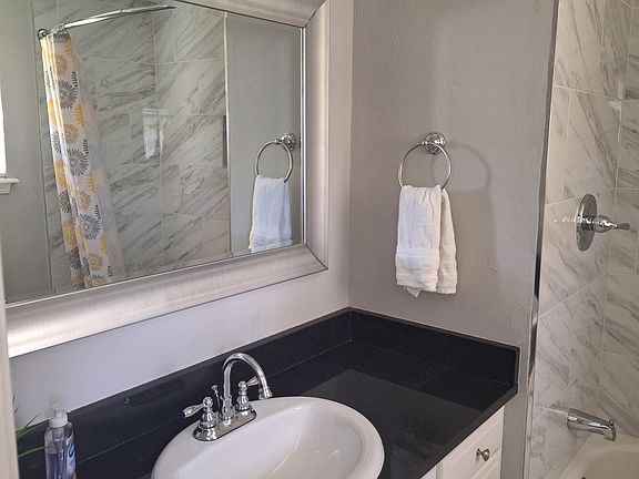Master bathroom with bathtub and shower.