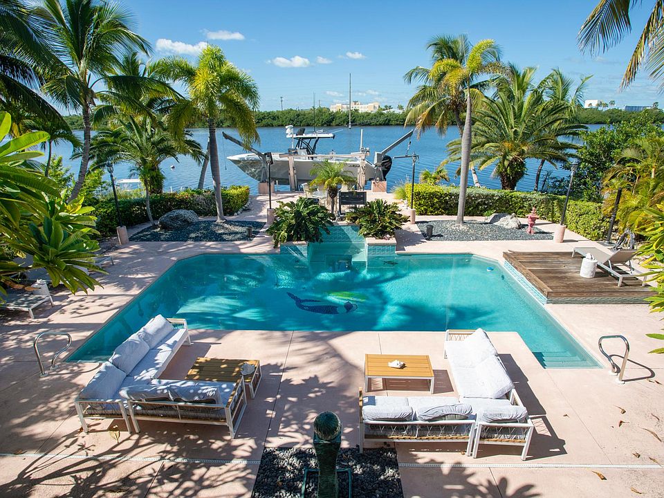 Oversized heated swimming pool with views of the water