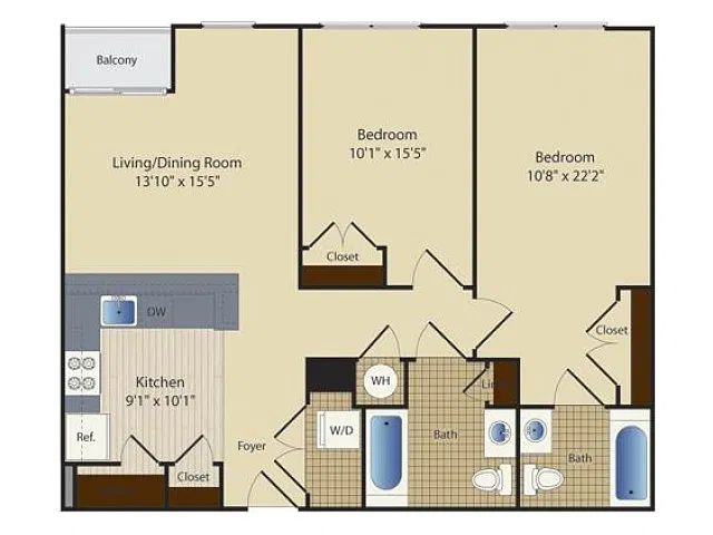 Floor plan Two Bedroom Two Bath (976 SF)