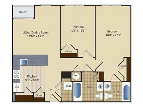 Floor plan Two Bedroom Two Bath (976 SF)