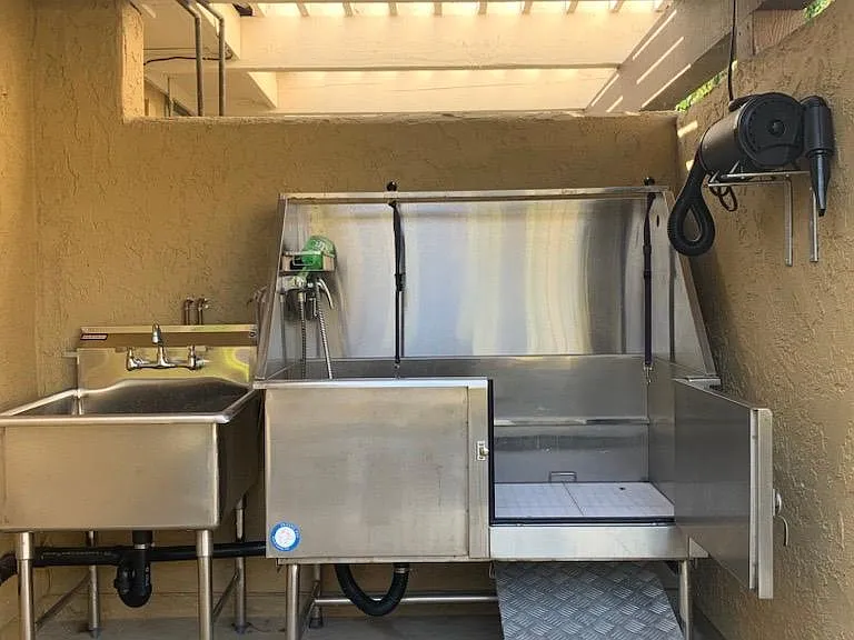 Dog wash station with pet dryer