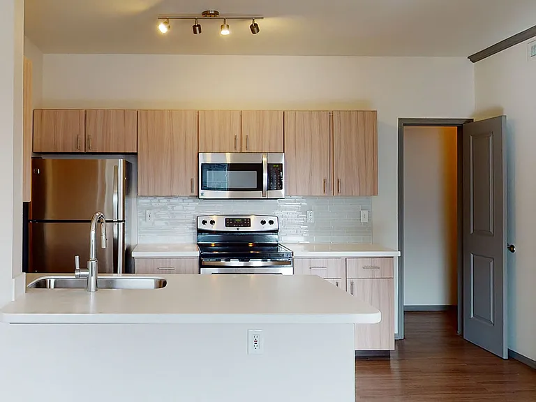 Apartment kitchen with stainless steel appliances, quartz countertops and wood-style flooring.