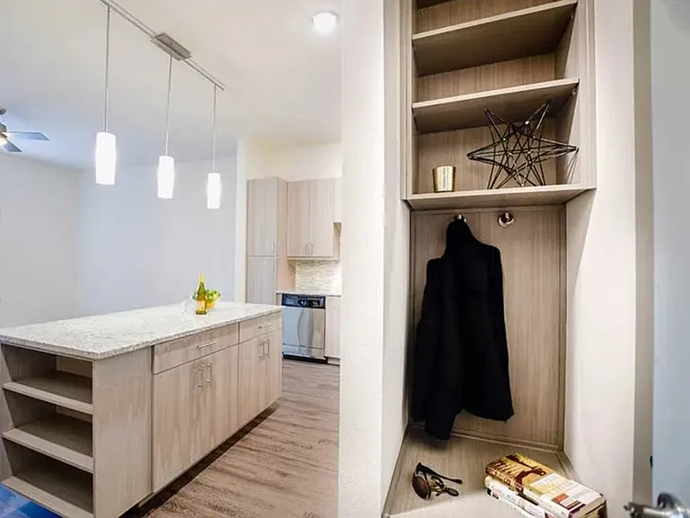 Gray finish package built-in shelving