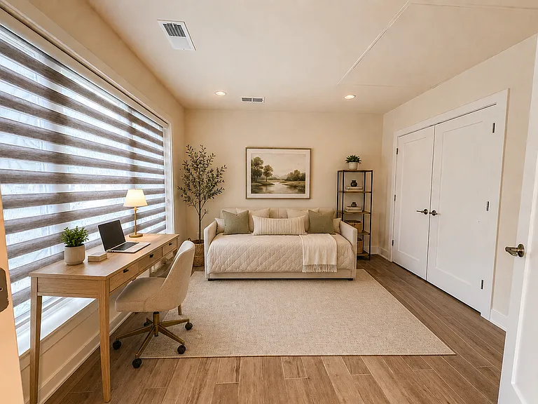 Flex room found on the main entrance level has a large window with excellent lighting a very large closet with ample storage space can be used as a bedroom, guest bedroom, play/activity space, or home office.
