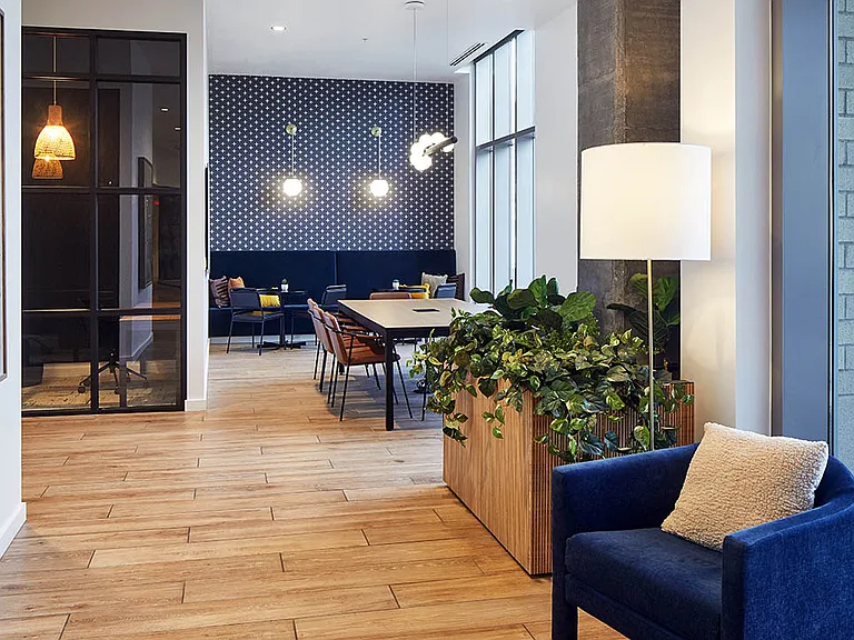 Apartment community co-working lounge at Griffis South Waterfront in Portland, Oregon.