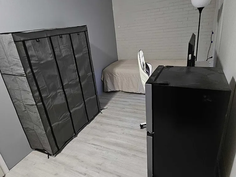 Private bedroom with plank-style flooring, a bed, and space for a TV/work setup plus additional clothing storage.