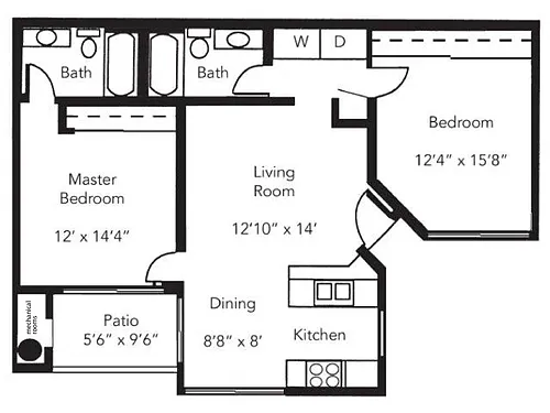 Floor plan 2 BD/2 BA 960 SQFT