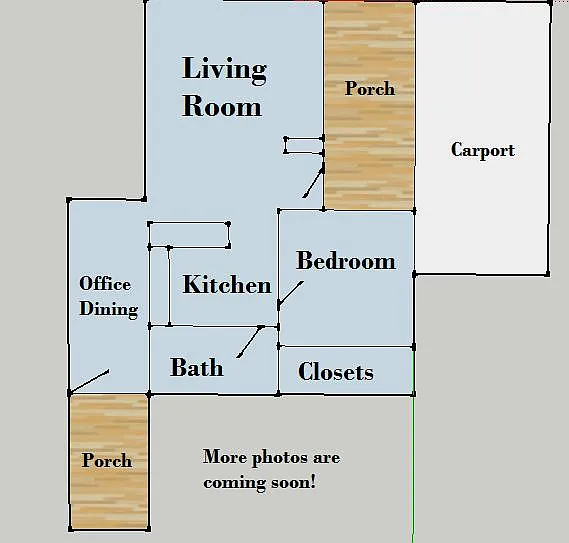 This is rough floor plan (not to scale!). The kitchen has a 1/2 wall that is open to the office/dining area and the living room. The bedroom has a double closet.