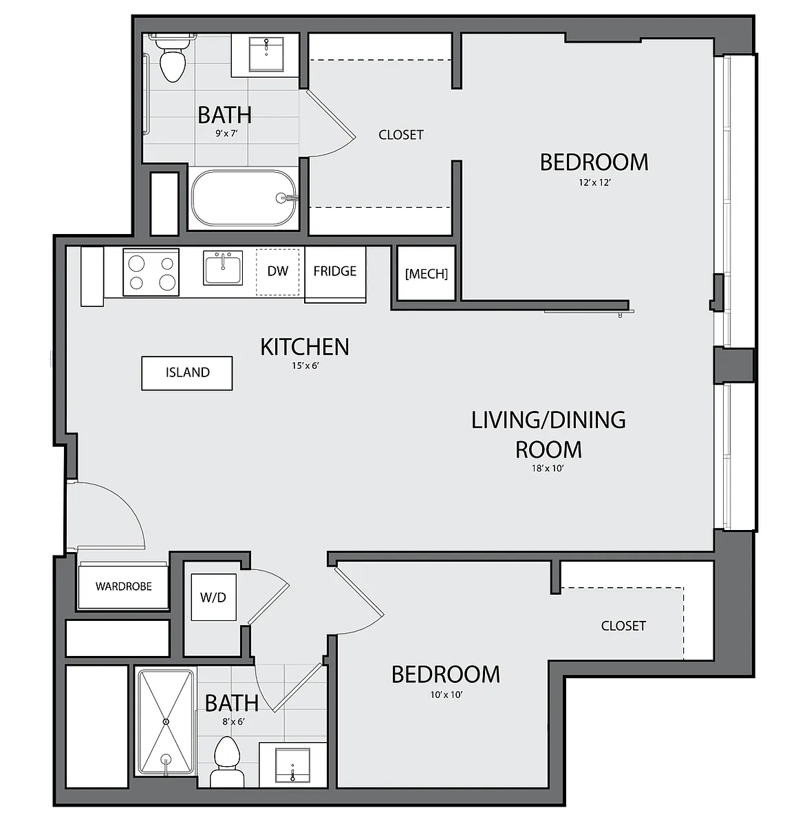 Floor plan 1 Bed/2 Bath Den-B-1H
