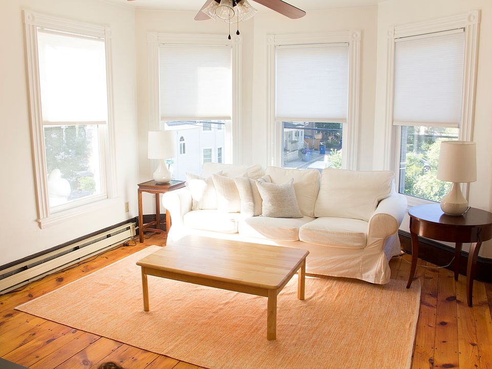 Bright, southern facing living room. Comfortable couch with washable slipcover.