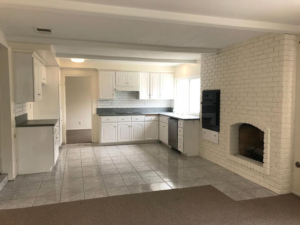 New range, hood, lighting, dishwasher. East view to plumeria