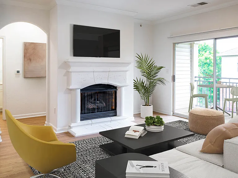 Living Room with Balcony and Fireplace