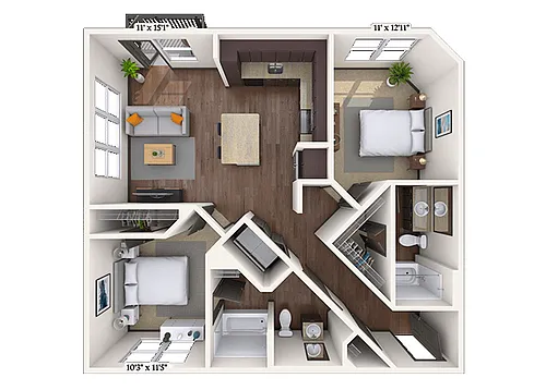 Floor plan Traditional 2x2 986 SF