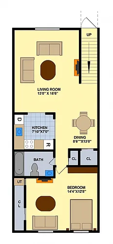 Floor plan One Bedroom (Upstairs Building 3 & 4)