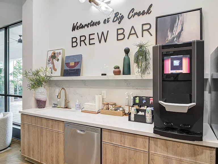 Newly renovated coffee station for residents and guests at Waterstone at Big Creek