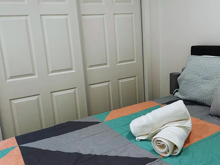 Bedroom with large closet and cozy pillows.