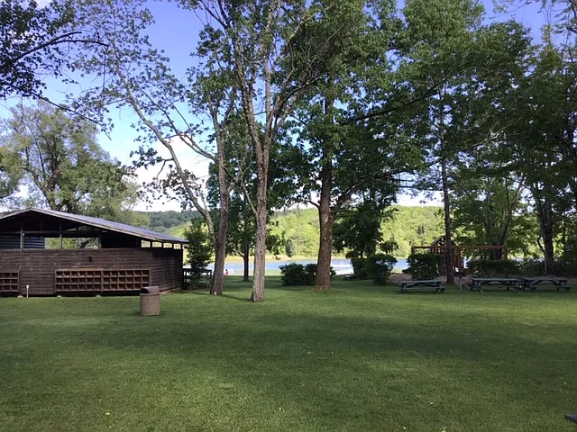Town Beach picnic area, lake beyond.