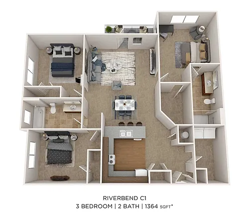 Floor plan Three Bedroom 2 Bath - 1,364 sqft