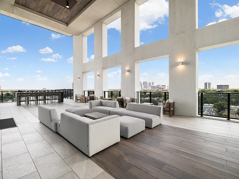 The 9th floor loggia, where you can relax and enjoy awe-inspiring views of downtown Houston