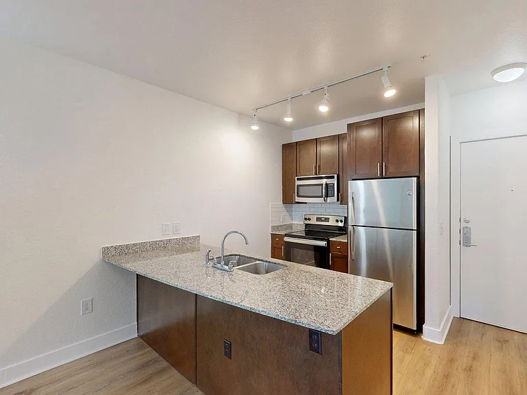 Apartment kitchen with stainless steel appliances and wood style floor.