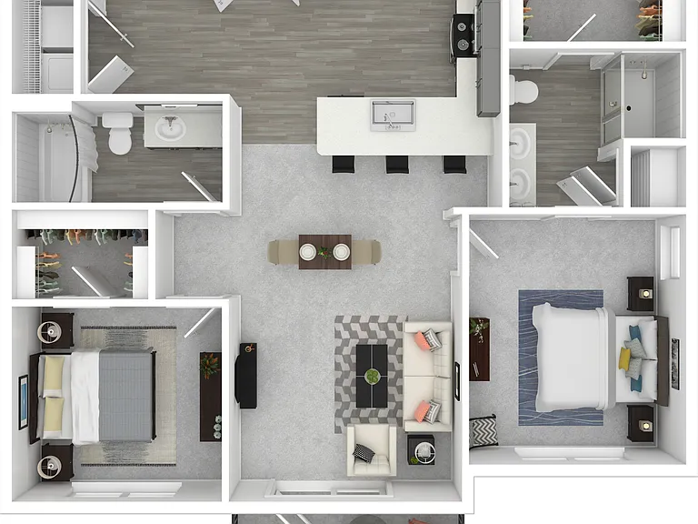 The Dogwood is a two-bedroom, two-bathroom floor plan featuring an open-concept layout, full-size washer and dryer, walk-in closets, and a private patio or balcony. The Dogwood is a two-bedroom, two-bathroom floor plan featuring an open-concept layout, fu