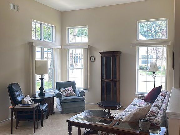 Living room with blinds open