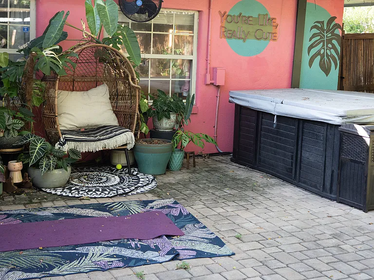 shaded patio nook with hot tub