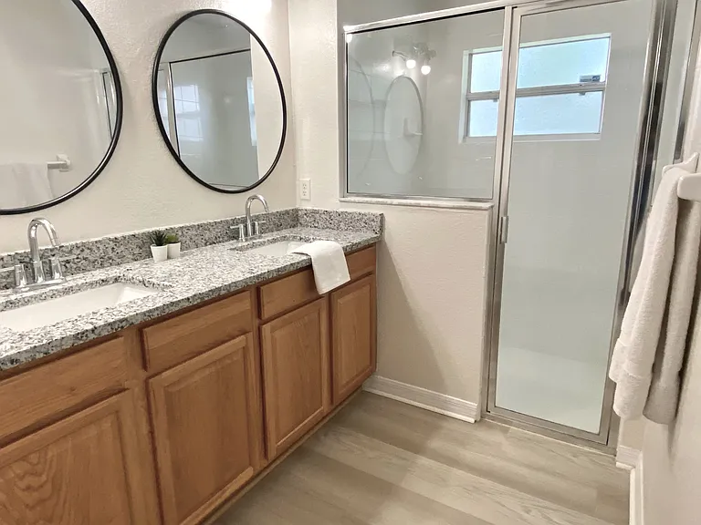 Granite counter top, hardware mirrors and newly renovated shower stall